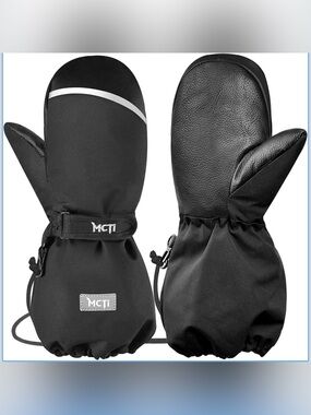 MCTi Kids Size XS Black Waterproof Mittens Ski Warm Sherpa Lined W/String. New